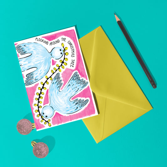 'Flocking Around the Christmas Tree' A6 Doves Christmas Card