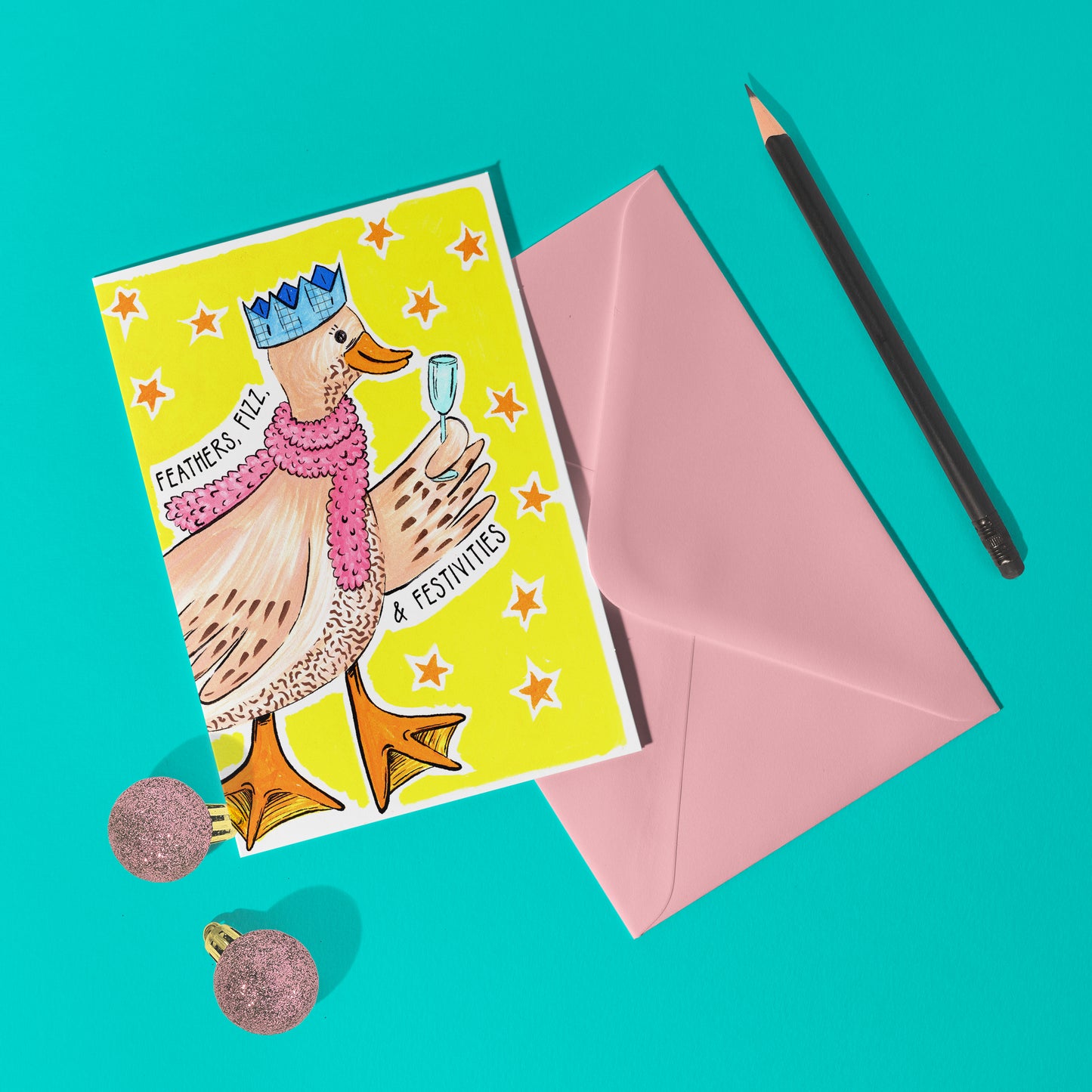 'Feathers, Fizz & Festivities' A6 Goose Bird Christmas Card