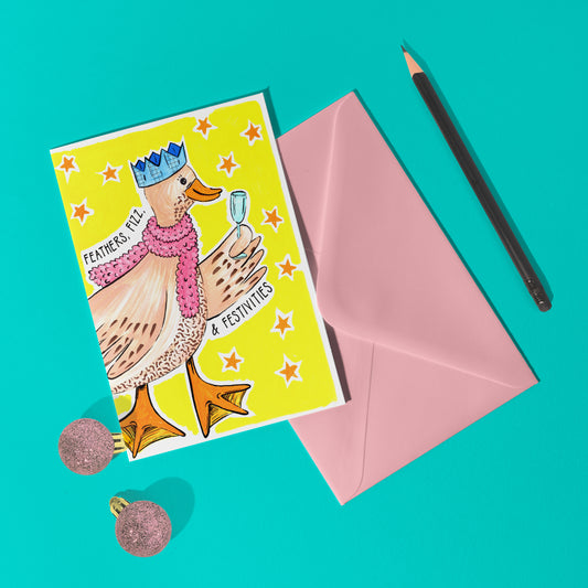 'Feathers, Fizz & Festivities' A6 Goose Bird Christmas Card