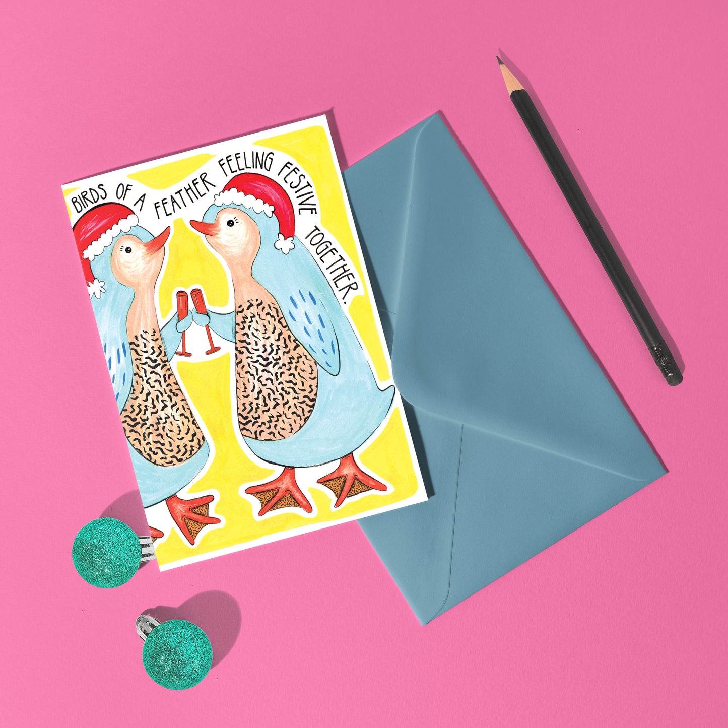 'Birds of a Feather, Feeling Festive Together' A6 Penguins Christmas Card