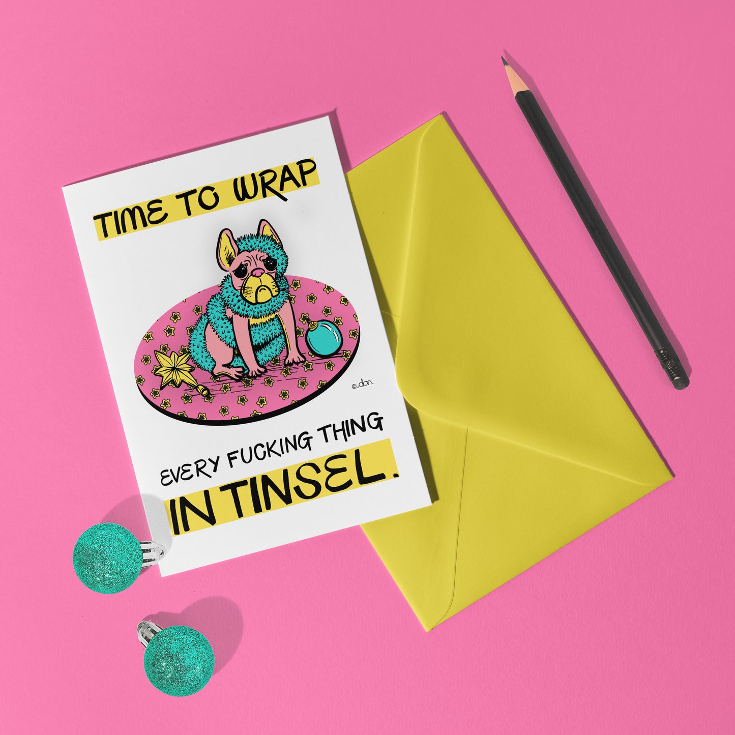 Dog Wrapped in Tinsel A6 Christmas Card